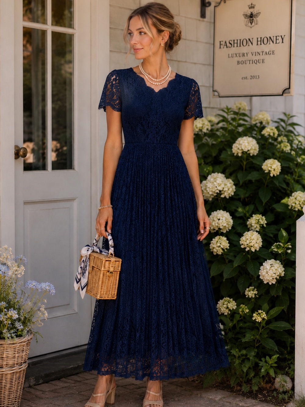 VTG 90s Nostalgia Navy Lace Boho Trad Witchy Grunge Prairie Midi Day Dress Large